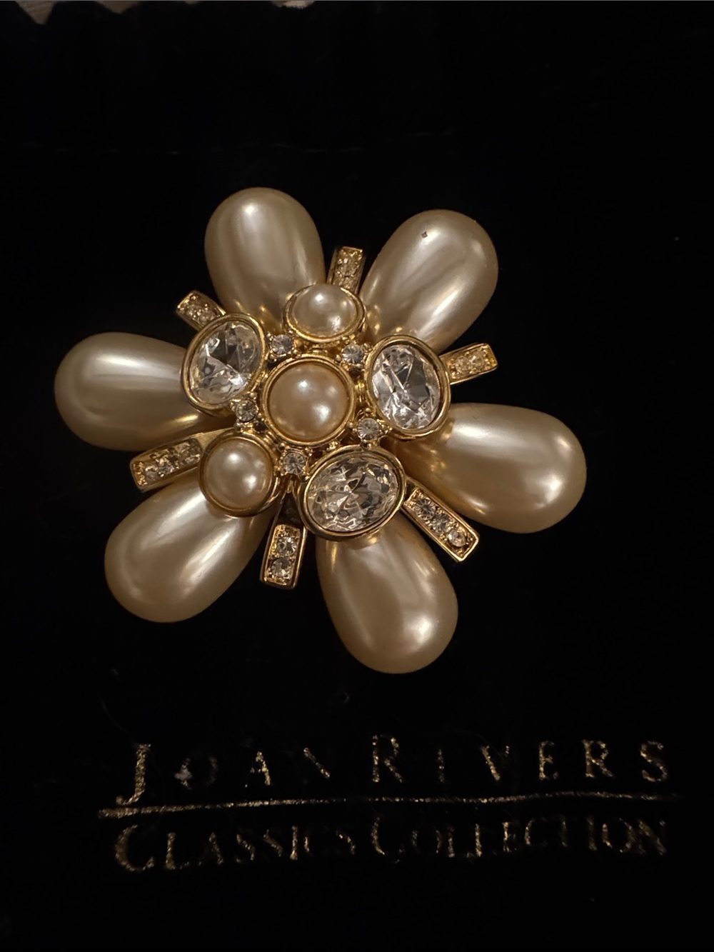 Joan Rivers Gold Pearl and Crystal Floral Brooch
